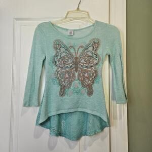 Miss Attitude Girl's Size S (7/8) Teal Butterfly Hi-Low‎ Shirt